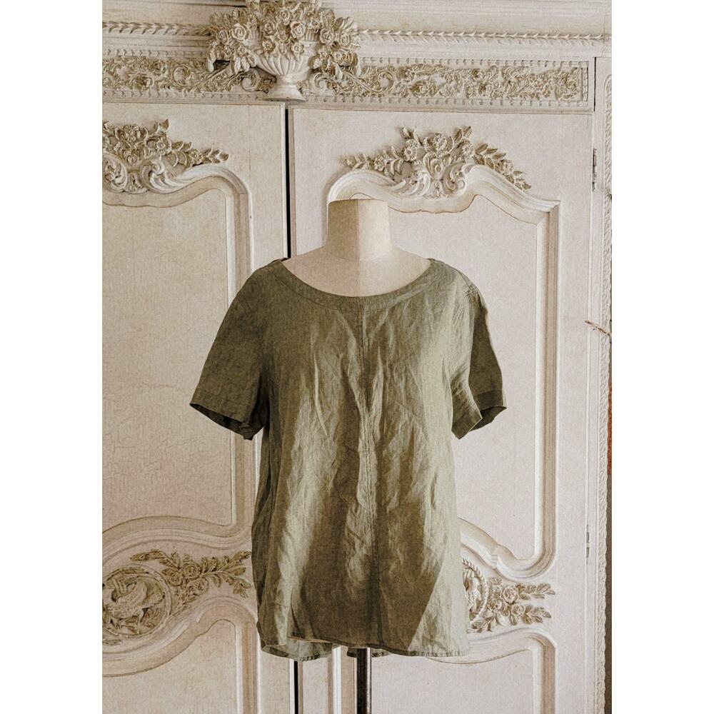 MAGASCHONI 100% Linen Tunic Olive Green Sz L Hi/lo A Line